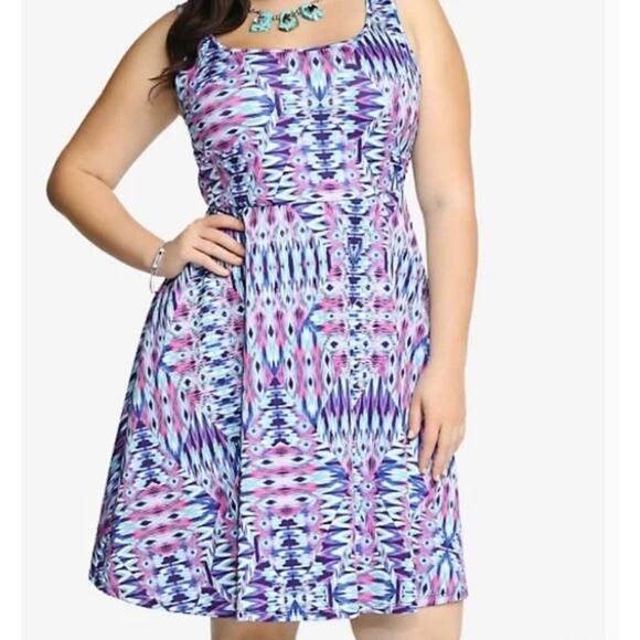 Torrid Ikat Purple Light Blue Pink Psychedelic Print Scoop Neck Scuba Dress 2X - Picture 1 of 9